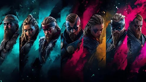 Bold Viking warriors stand united in glowing neon storms