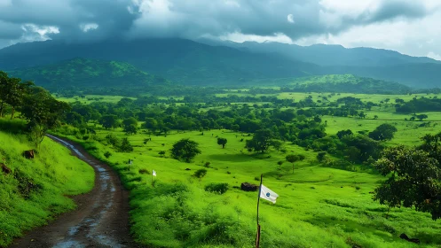 Lush monsoon valley with winding dirt road and hills.
