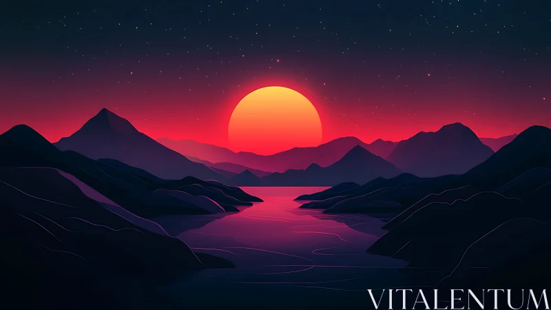 Chromatic vector sunset over layered low-poly mountainscape.