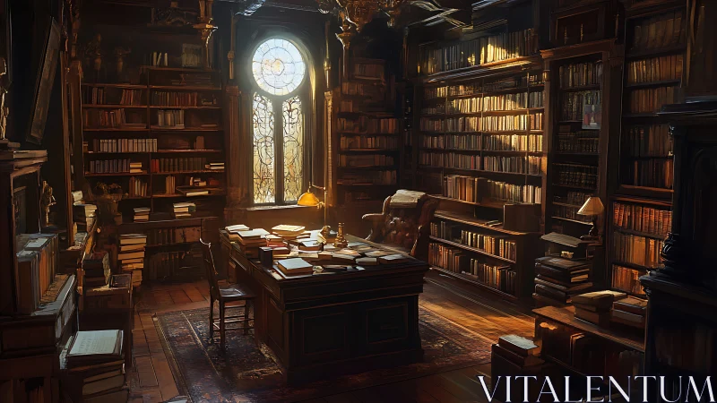 Old study lined with bookshelves and warm window light.
