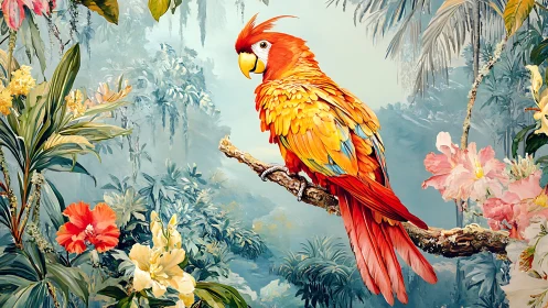 Vibrant parrot on branch in lush tropical jungle, digital art style.
