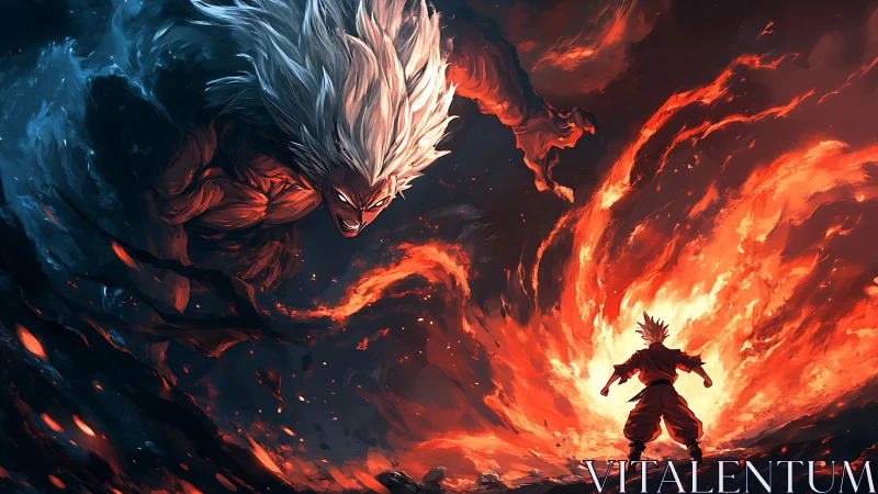 White haired warrior descends toward fighter in firestorm