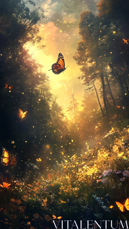 Butterflies over sunlit forest clearing with dense wildflowers.