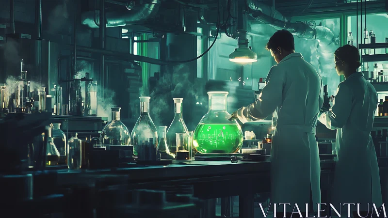 Futuristic laboratory with scientists and luminous reactor vessel.