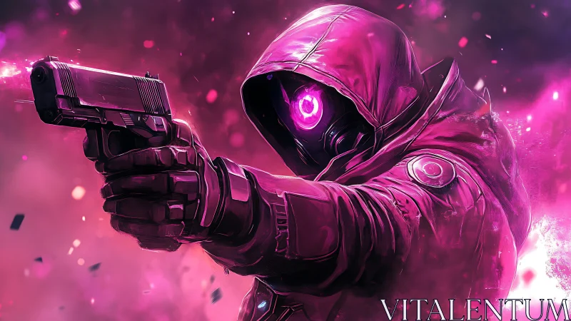 Cybernetic hooded gunman aims weapon in neon magenta haze
