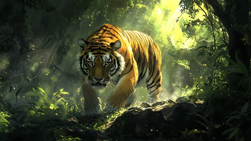 Predatory tiger advances through high-contrast sunlit jungle