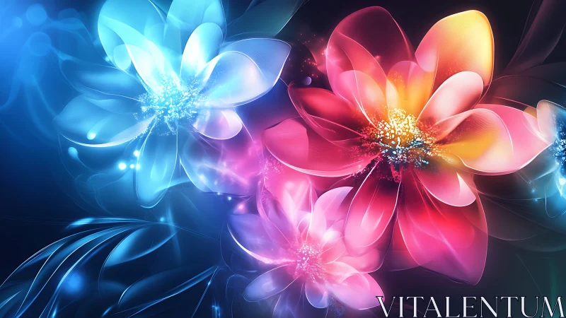 Luminous Neon Flowers Against Dark Background.