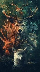 Digital painting totem of deer and wolves in mirrored forest palette.