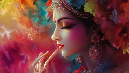Radiant woman in jeweled adornment amid glowing colors.