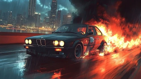 Midnight rain ignites a retro coupe roaring through neon fire