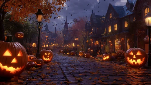 Jack-o-lanterns illuminate cobblestone street on Halloween night