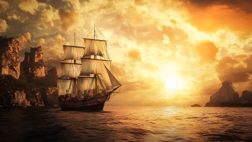 Golden-hour tall ship seascape with dramatic coastal silhouettes.
