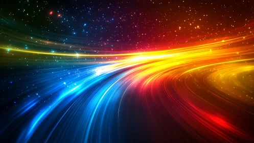 Colorful light trails curve through deep starry space