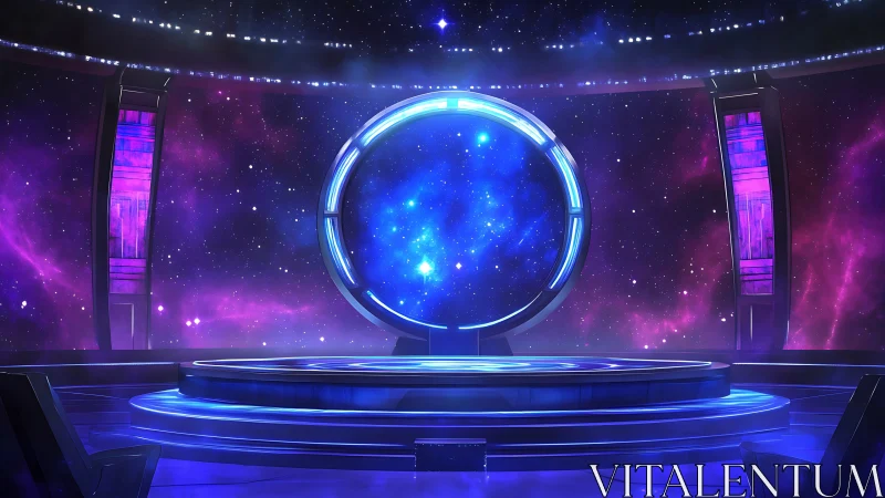 Futuristic space portal stage with glowing starfield backdrop.