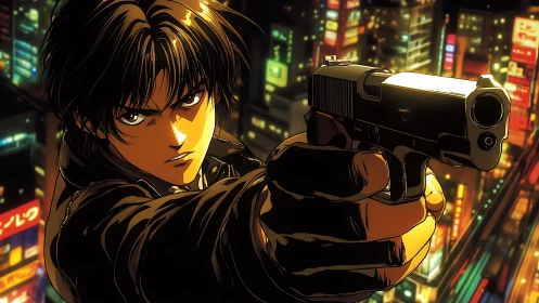 Dynamic anime gunman rendered with high-contrast neon city lighting