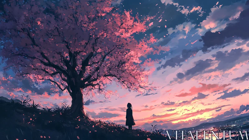Twilight beneath sakura canopy above a glowing valley.