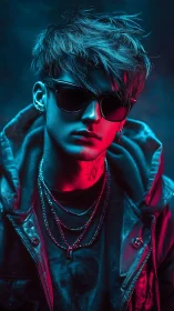 Cool neon-lit rebel in glossy jacket and dark shades.