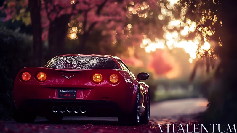 Red sports coupe under golden bokeh sunset on forest road.