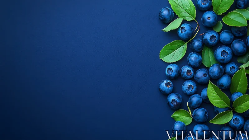 Fresh blueberries with green leaves on deep blue background.