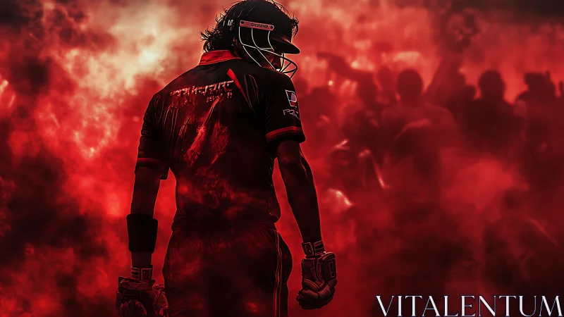 Cricket player silhouette in dense red atmospheric haze.