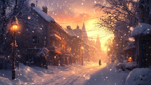 Snowlit winter street receding into a golden atmospheric dusk