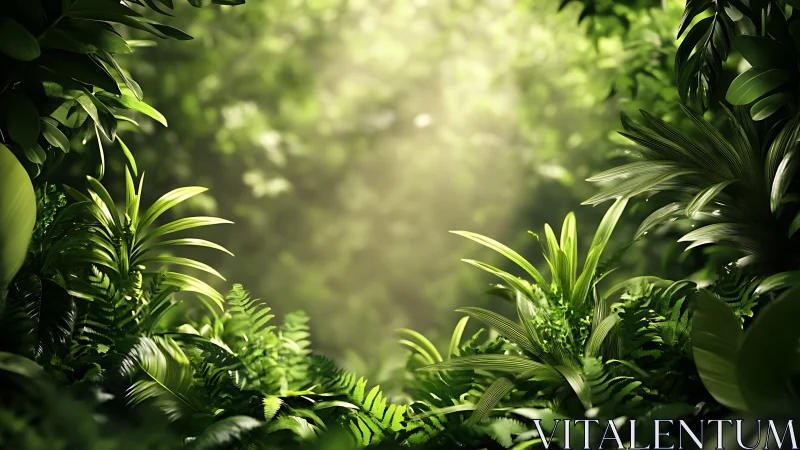 Tropical Forest Serenity: Lush Green Leaves Dancing in Sunlight