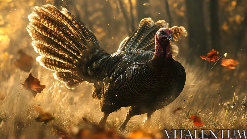 Wild turkey strides through golden autumn forest light.