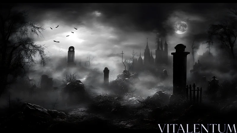 Moonlit graveyard fog and haunted spires in gothic silence.