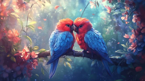 Two Vibrant Parrots on a Branch in a Dreamy Floral Forest Scene.