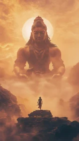 Colossal seated deity above misty canyon with lone figure.