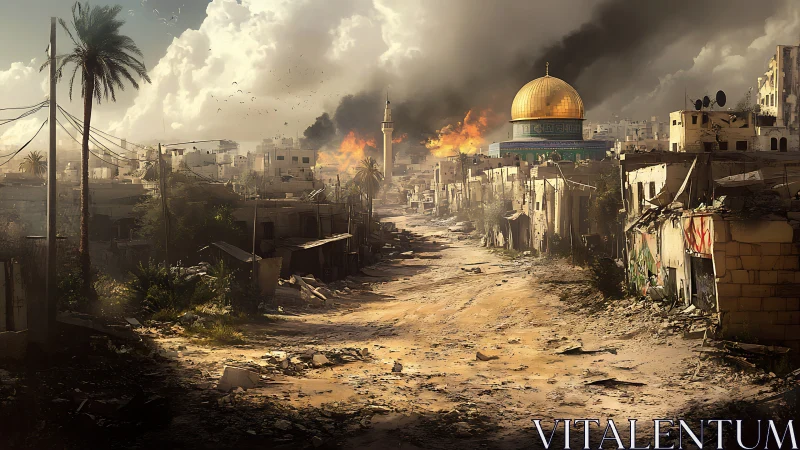 Golden dome of hope amid a quiet, war-torn avenue.