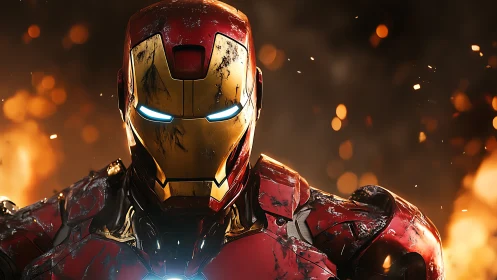 Battle-worn red metal hero stands bold in drifting sparks