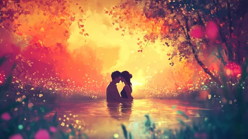 Silhouetted couple embracing in luminescent water during sunset sequence.