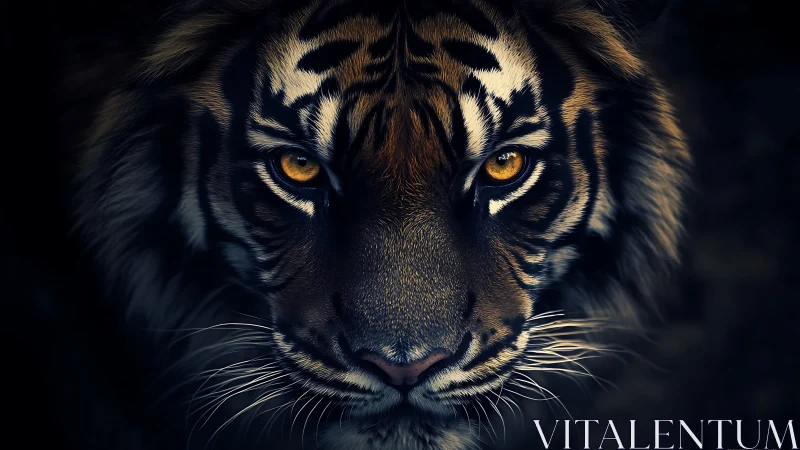 Tiger portrait with glowing amber eyes in deep shadow.