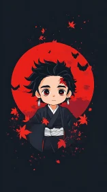 Anime boy in kimono stands before red moon with leaves
