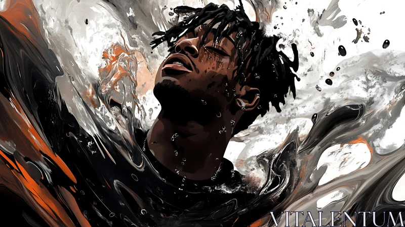 Expressive portrait in swirling monochrome and orange liquid abstraction