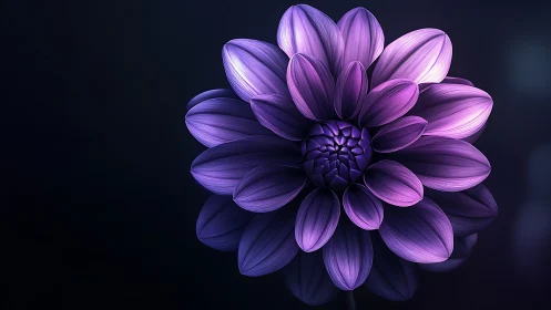 Purple Dahlia Bloom Against Dark Background with Reflective Surface.