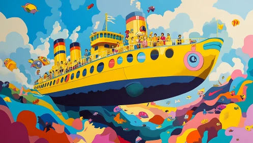 Cheerful yellow ship sailing through a candy colored sea.