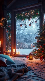 Interior window scene shows decorated tree and snowy landscape