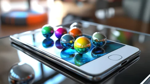 Chromatic glass spheres on smartphone display optics study.