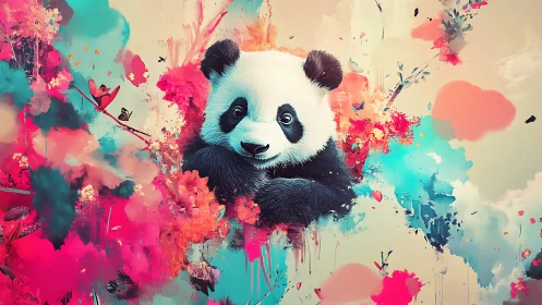Vibrant digital panda amid neon floral paint bursts.