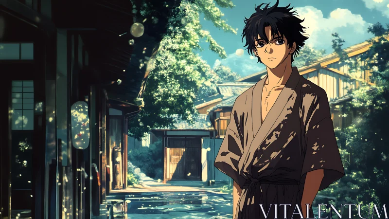 Melancholic youth in yukata within sunlit village lane.