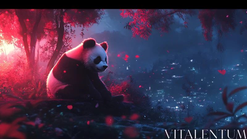 Panda sits in neon forest overlooking glowing valley at night.