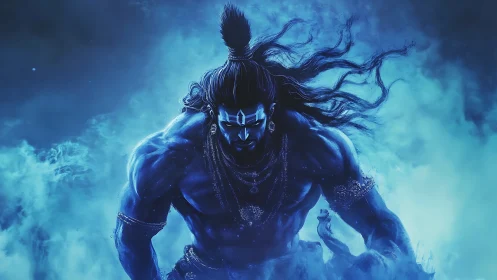 Powerful blue warrior strides through swirling mystical mist