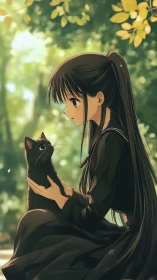 Girl in dark uniform holds black cat in sunlit setting