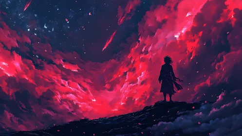 Lone dreamer under a blazing crimson cosmic sky.