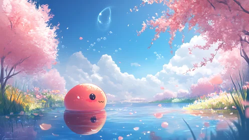 Cute orange slime drifts under pastel cherry blossoms.