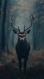 Stag stands centrally framed in a misty forest corridor