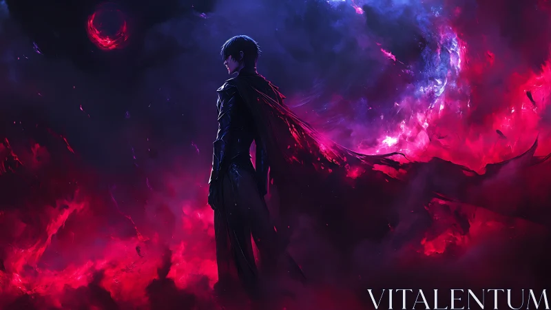 Lone dark hero stands in swirling crimson and violet storm