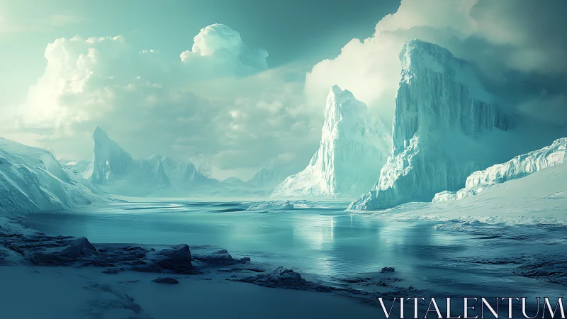 Icy cliffs rise over a tranquil polar bay beneath soft clouds